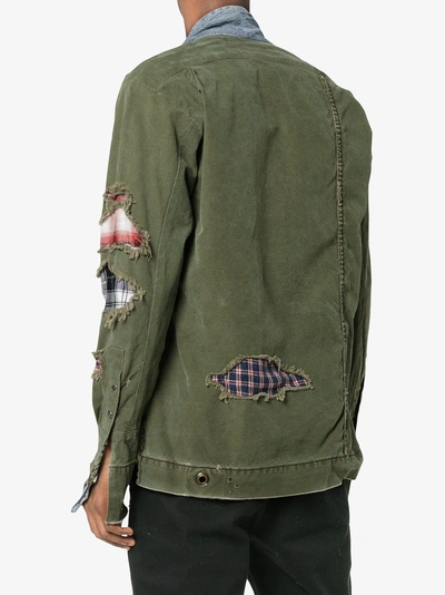 Shop Greg Lauren Denim Collar And Raw Hem Cotton Jacket In Green