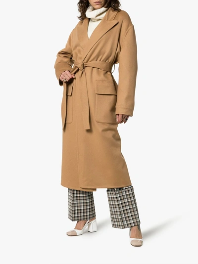 Shop Loewe Belted Silk Panel Embellished Mid Length Coat In Brown