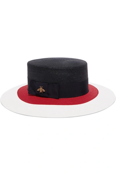 Shop Gucci Embellished Grosgrain-trimmed Straw Hat In Navy