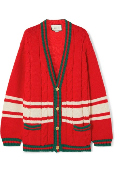 Shop Gucci + Chateau Marmont Embroidered Striped Cable-knit Wool Cardigan In Red