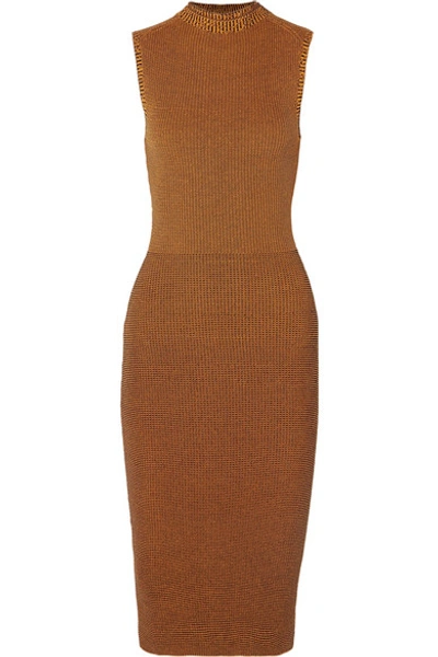 Shop Victoria Beckham Cotton-blend Waffle-knit Midi Dress In Brown