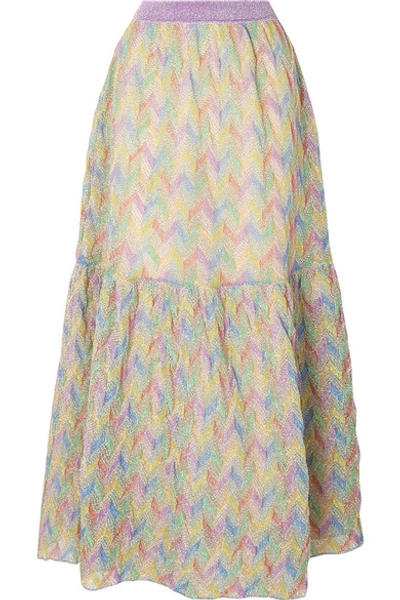Shop Missoni Tiered Metallic Crochet-knit Maxi Skirt In Lilac
