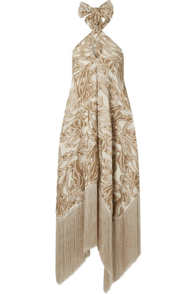 Shop Cult Gaia Ali Fringed Embroidered Fil Coupé Canvas Halterneck Maxi Dress In Sand