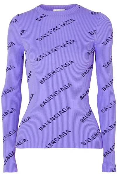 Shop Balenciaga Printed Ribbed-knit Sweater In Lilac