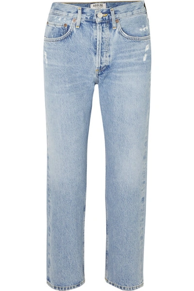 Shop Agolde Parker Distressed Cropped Mid-rise Straight-leg Jeans In Mid Denim
