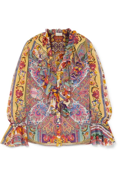 Shop Etro Ruffled Printed Silk-chiffon Blouse In Pink