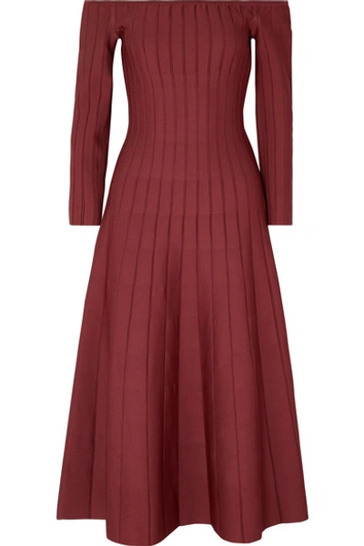 Shop Casasola Off-the-shoulder Ribbed Stretch-knit Dress In Burgundy