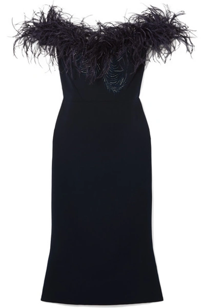 Shop Marchesa Off-the-shoulder Feather-trimmed Sequined Cady Midi Dress In Midnight Blue
