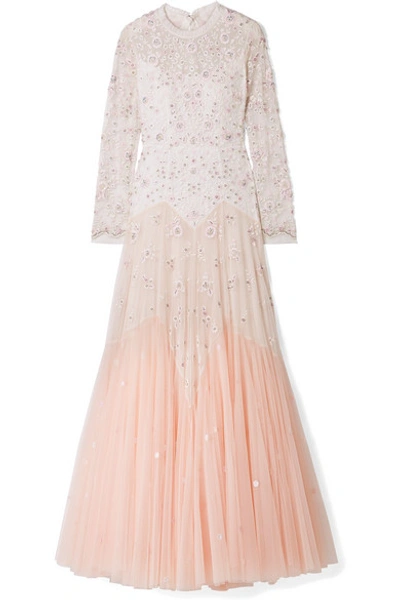 Shop Needle & Thread Pearl Rose Cutout Embellished Embroidered Tulle Gown In Pastel Pink