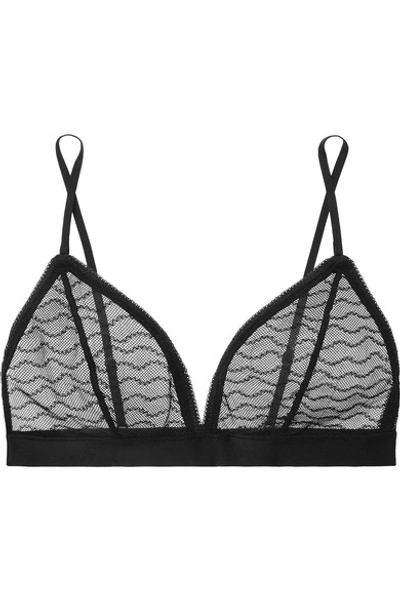 Shop Les Girls Les Boys Wave Embroidered Stretch-mesh Soft-cup Triangle Bra In Black