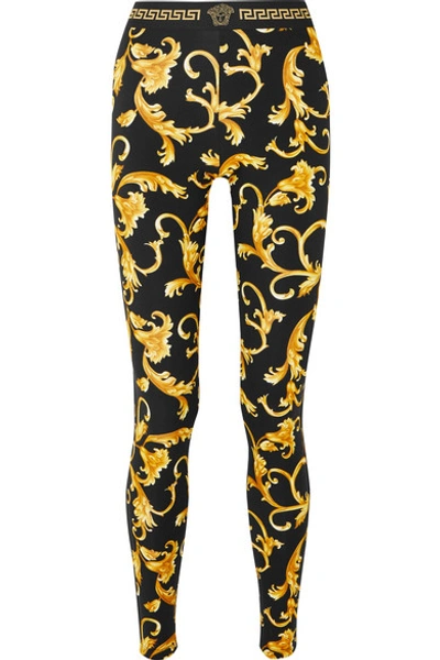 Shop Versace Printed Stretch-cotton Jersey Leggings In Black