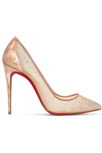 Shop Christian Louboutin Follies 100 Crystal-embellished Mesh And Metallic Leather Pumps
