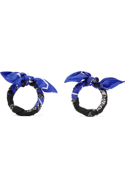 Shop Balenciaga Printed Silk-twill Earrings In Blue