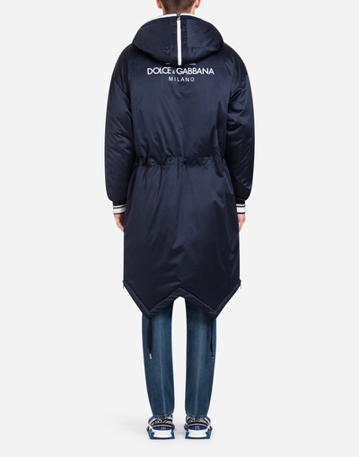 Shop Dolce & Gabbana Satin Parka With Hood And Branded Plate In Blue