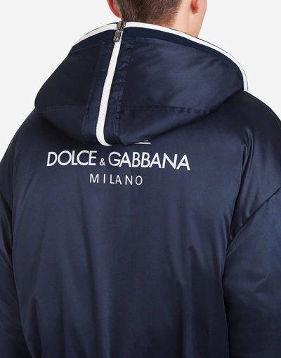 Shop Dolce & Gabbana Satin Parka With Hood And Branded Plate In Blue