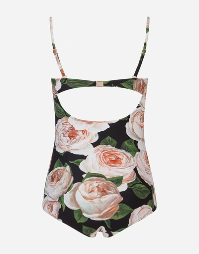 Shop Dolce & Gabbana One-piece Balcony Swimsuit With Rose Print In Floral Print