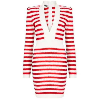 Shop Balmain Striped Stretch-jersey Mini Dress