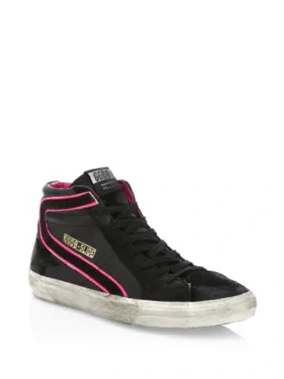 Shop Golden Goose Men's Slide High-top Sneakers In Black Suede Pink Fluo