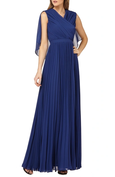 Shop Kay Unger Capelet Sleeves Pleated Evening Dress In Navy