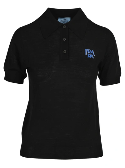 Shop Prada Embroidered Logo Polo Shirt In Black