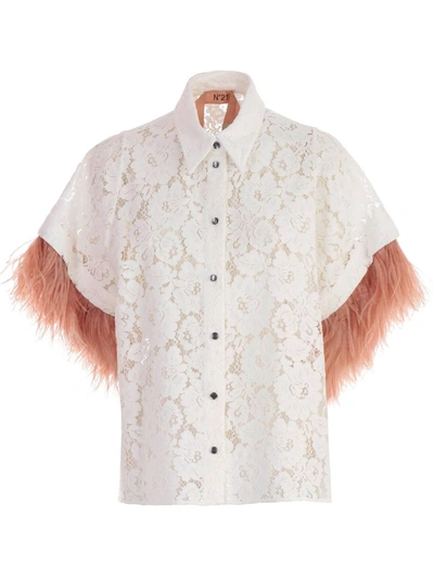 Shop N°21 Fringed Sleeve Lace Blouse In Cream
