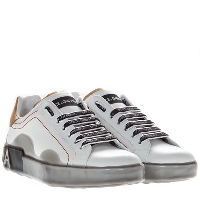 Shop Dolce & Gabbana Portofino Melt White Leather Sneakers In White/gold