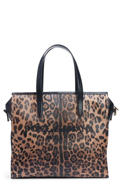 Shop Dolce & Gabbana Logo Leopard Print Shopping Tote - Brown In Leopard Con Logo