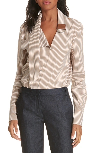 Shop Tibi Kaia Stripe Belt Neck Shirt In Khaki/ White Multi