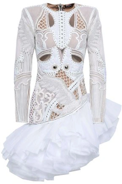 Shop Balmain Woman Embellished Tulle Midi Dress White