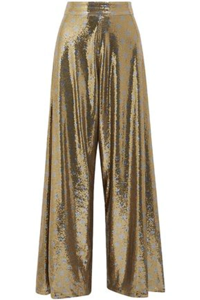 Shop Johanna Ortiz Woman Ny Never Sleeps Polka-dot Sequined Mesh Wide-leg Pants Gold