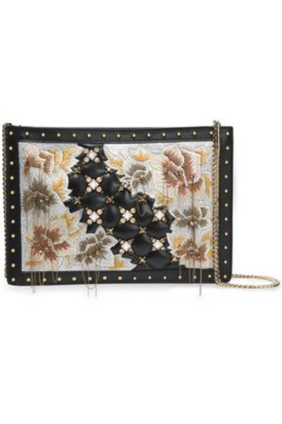 Shop Balmain Woman Embellished Embroidered Leather Clutch Black