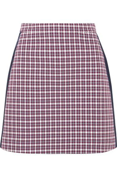 Shop Burberry Woman Satin-trimmed Checked Cotton-blend Mini Skirt Burgundy