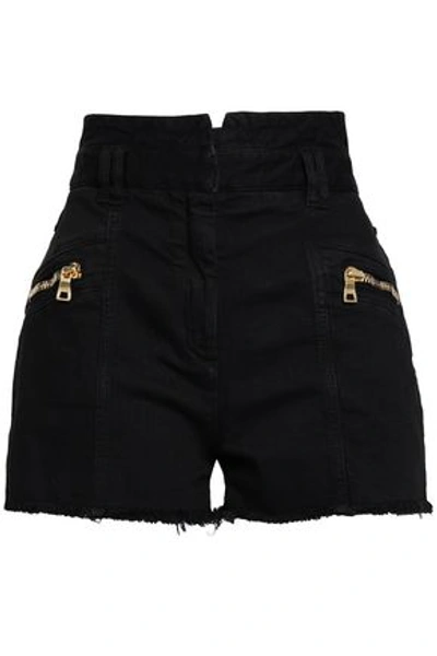 Shop Balmain Woman Zip-detailed Frayed Denim Shorts Black
