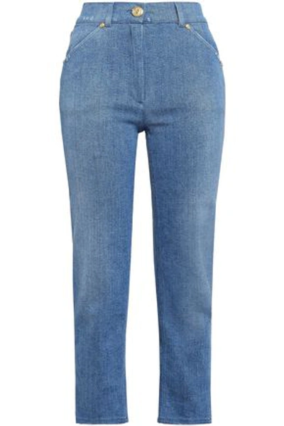 Shop Balmain Cropped Mid-rise Slim-leg Jeans In Light Denim