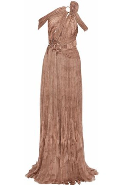 Shop Roberto Cavalli Woman Ring-embellished Cutout Printed Plissé Silk-gauze Gown Pastel Pink