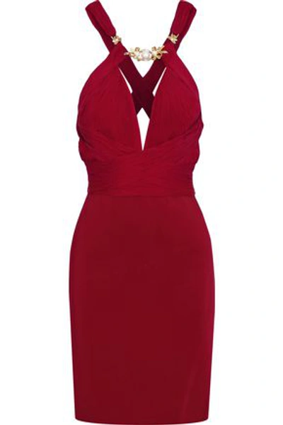 Shop Roberto Cavalli Woman Embellished Plissé-gauze And Stretch-knit Dress Red