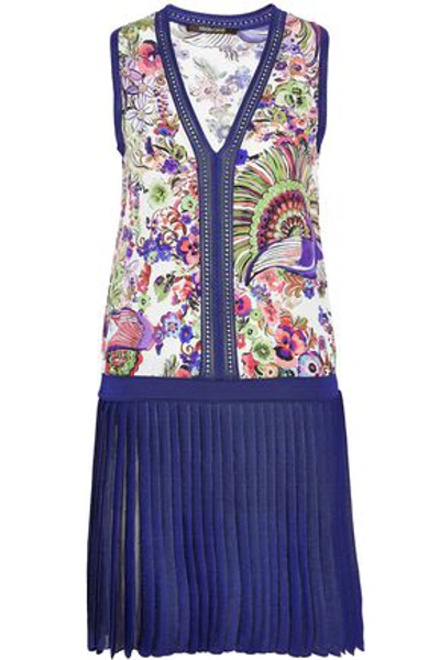 Shop Roberto Cavalli Woman Floral-print Silk-paneled Pleated Stretch-knit Mini Dress Indigo