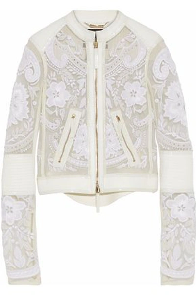 Shop Roberto Cavalli Woman Leather-trimmed Embroidered Tulle Jacket White