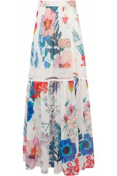 Shop Roberto Cavalli Woman Lace-trimmed Floral-print Silk-chiffon Maxi Skirt Multicolor