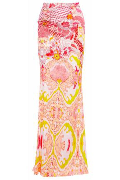 Shop Roberto Cavalli Woman Ring-embellished Printed Stretch-silk Satin Maxi Skirt Pink