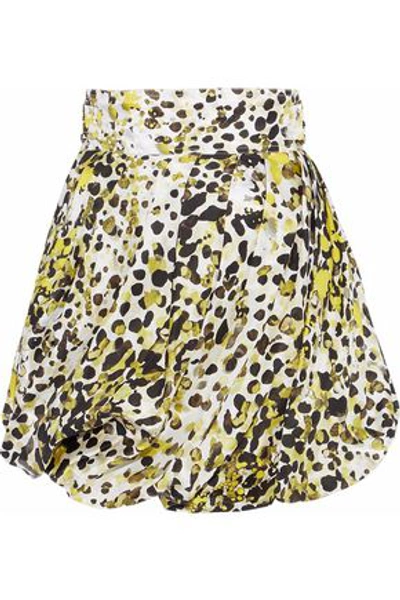 Shop Roberto Cavalli Woman Gathered Printed Silk-twill Mini Skirt Chartreuse