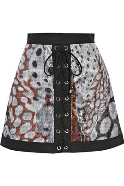 Shop Roberto Cavalli Woman Stretch Twill-trimmed Sequined Mesh Mini Skirt Silver