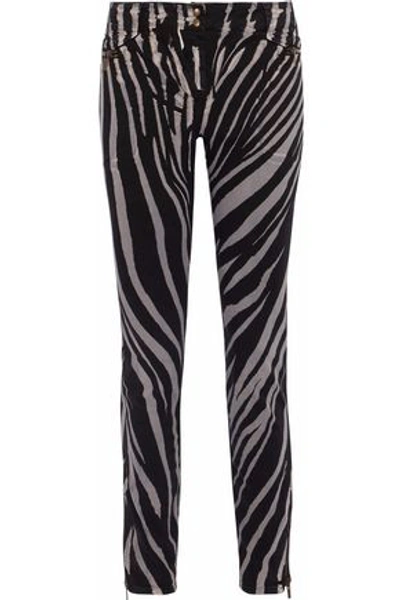 Shop Roberto Cavalli Woman Zebra-print Mid-rise Skinny Jeans Black