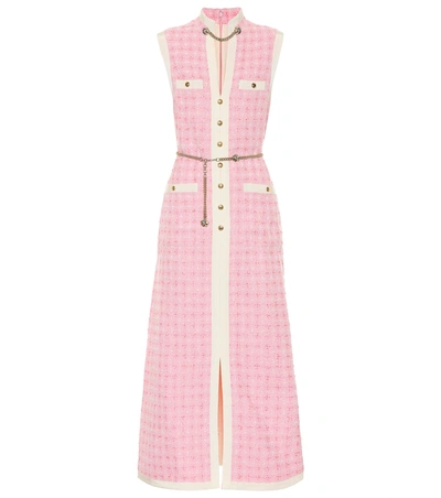 Shop Gucci Embellished Tweed Dress In Pink
