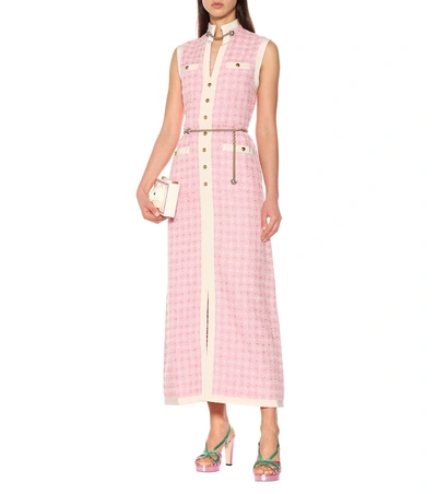 Shop Gucci Embellished Tweed Dress In Pink