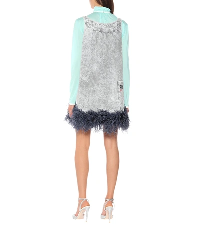 Shop Miu Miu Feather-trimmed Denim Dress In Grey