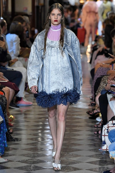 Shop Miu Miu Feather-trimmed Denim Dress In Grey