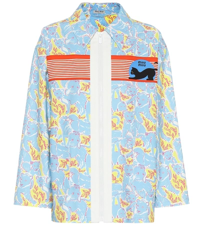 Shop Miu Miu Printed Stretch Denim Jacket In Blue