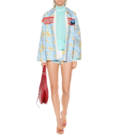 Shop Miu Miu Printed Stretch Denim Jacket In Blue