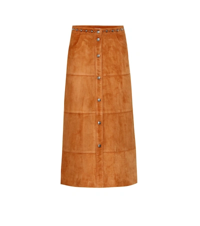 Shop Miu Miu Suede Midi Skirt In Brown